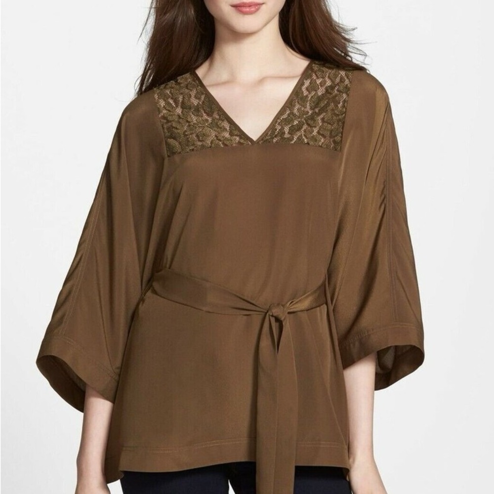 Michael Kors Womens Olive Butterfly-Sleeve Belted Blouse